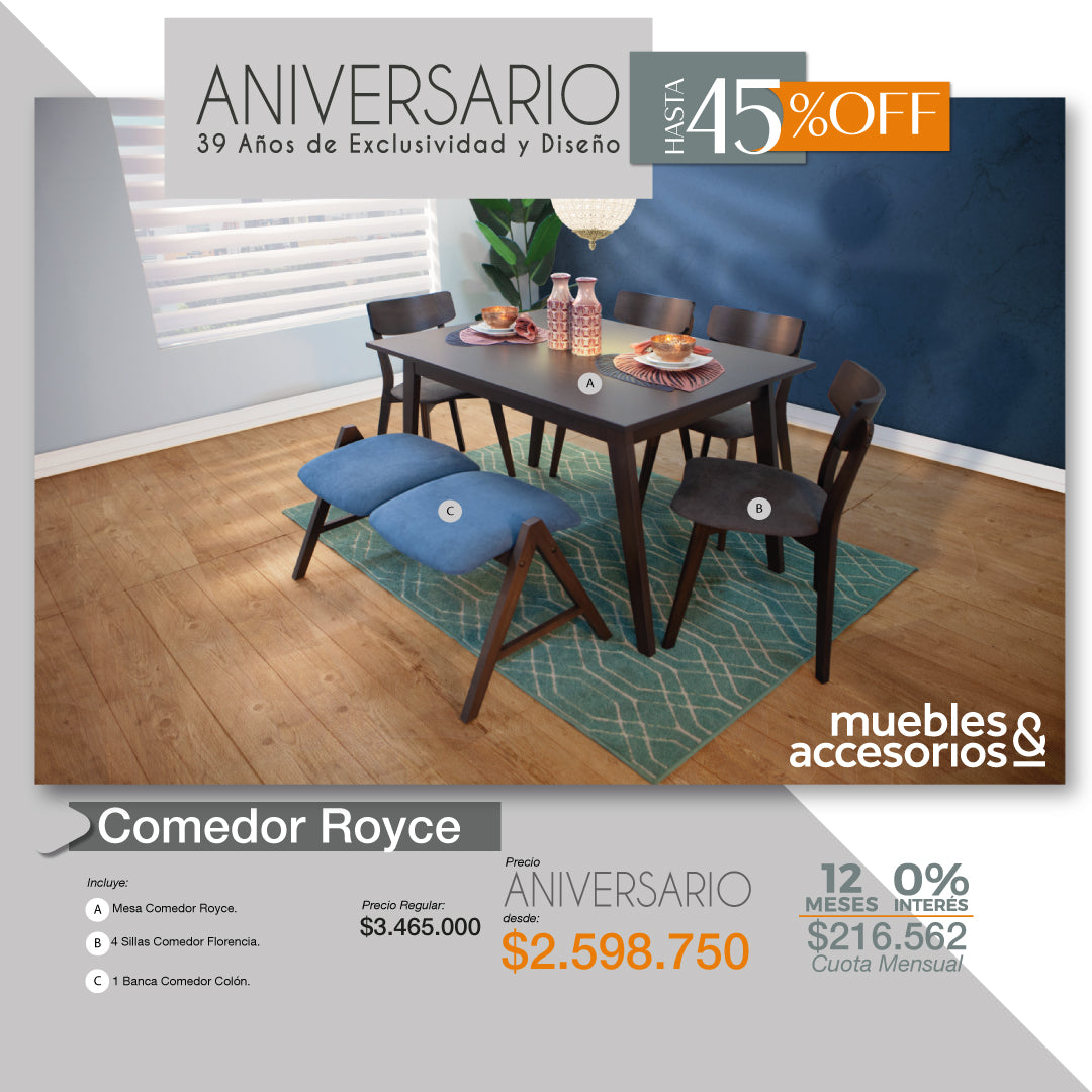 Combo Mesa de Comedor Royce 135 cm + 4 Sillas Royce + 1 Banca Colón